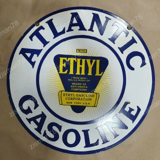 Atlantic Ethyl Gasoline 2 Sided Vintage Porcelain Sign 30 Inches Round