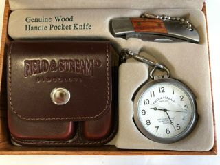 Field & Stream Wood Pocket Knife & Pocket Watch Set With Fob