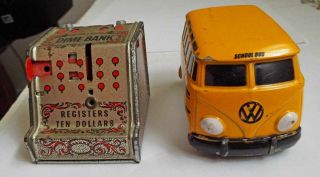 Metal Jada V W School Bus Toy & Tin Dime Bank
