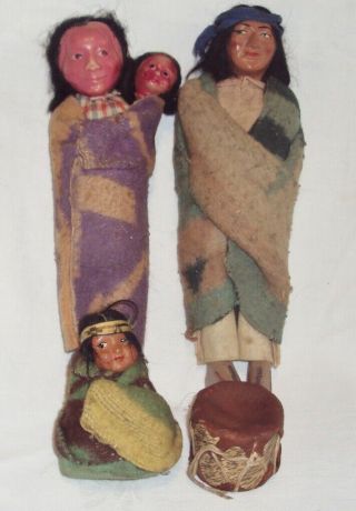 Vintage Native American Indian Dolls With Drum Brave Squaw Papoose
