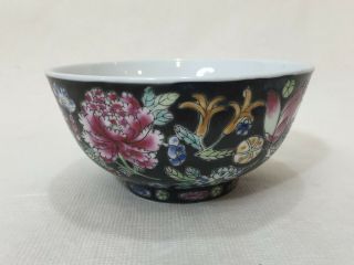 Vintage Chinese Black Floral Mille Fleur Porcelain Bowl,  4 1/2 " Dia,  2 1/4 " High
