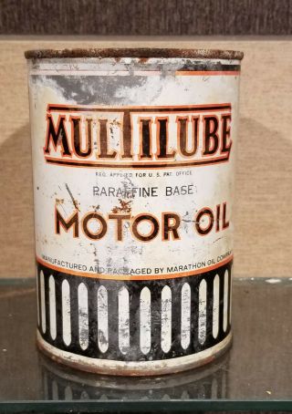 1930s Multilube Paraffin Base One Quart Motor Oil Can Marathon Oil Co Art Deco
