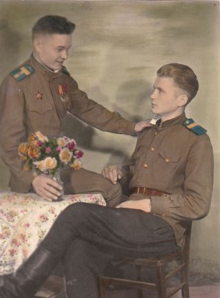 1940s Handsome Young Men Couple Gentle Hands Old Hand Tinted Russian Photo Gay