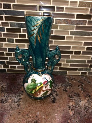 Vase With Gazelle Handles And Peacock By Sterling China Made In Japan