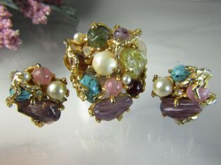 Vintage Designer Demi - Parure Cluster Brooch Pin Clip Earrings 3 Piece Set