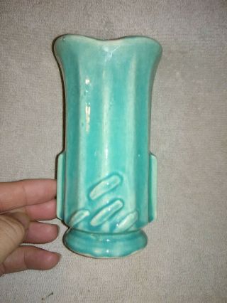 Mccoy Usa Pottery Turquoise Deco Vase 5.  5 Inch Vintage 1940s Aqua Green