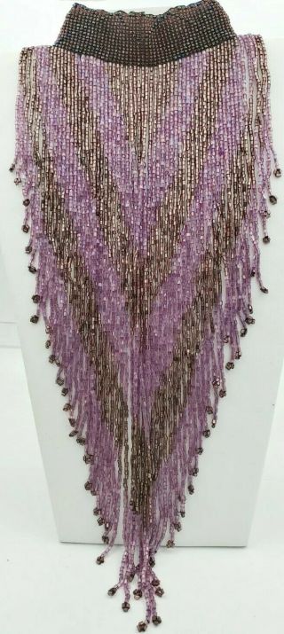 Vintage Choker Necklace Extravagant Long Glass Purple Seed Beaded Fringe Bib