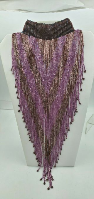Vintage Choker Necklace Extravagant Long Glass Purple Seed Beaded Fringe Bib 2