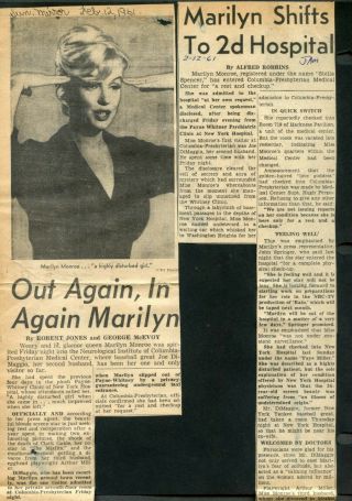 Vintage Clippings Marilyn Monroe In Clinic Columbia - Presbyterian Feb.  10,  1961