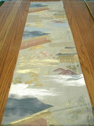 Lovely House Trees Water Flowers Obi Fabric Made In Japan 100 Silk 38 " L 2022