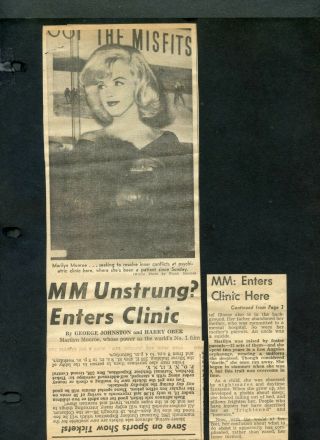 Vintage Clippings Marilyn Monroe Enters Clinic/psychiatric Care February 9,  1961.