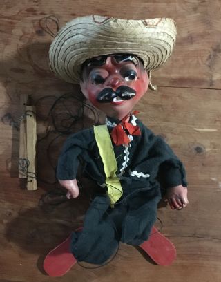 Vintage Marionette String Puppet Mexican Peasant Paper Mache Papier - Mâché 15”