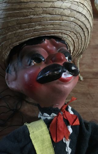 Vintage Marionette String Puppet Mexican Peasant Paper Mache Papier - mâché 15” 2