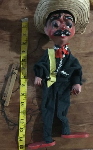 Vintage Marionette String Puppet Mexican Peasant Paper Mache Papier - mâché 15” 3