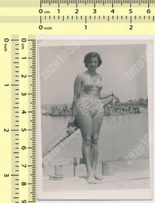 Bikini Woman On Beach Swimwear Bathing Suit Lady Portrait Vintage Photo