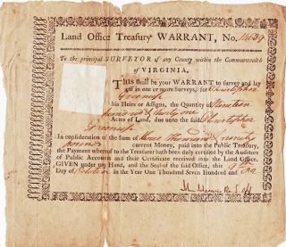 1782 Virginia Land Treasury Warrant Christopher Greenup For 1931 Acres Kentucky