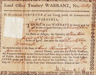 1782 Virginia Land Treasury Warrant CHRISTOPHER GREENUP for 1931 acres Kentucky 2