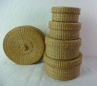 Vintage Woven Basket With Lids Nesting Set Of 5 Storage / Trinket Box Stackable