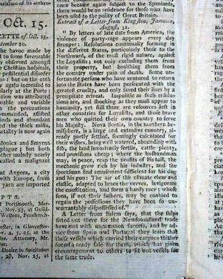 Revolutionary War Closing Events In America Vs.  Loyalists 1783 British Newspaper