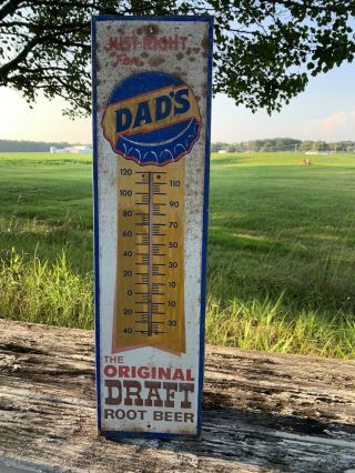 Vintage Rare 1960s Dad’s Root Beer Thermometer Cola Soda Tin Metal Sign 27”x7.  5”