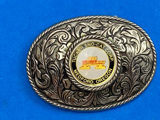 Vintage Western Promotional Belt Buckle With Tucker Snow Cat Corp Logo