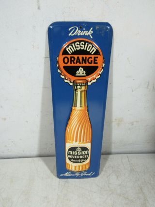 Vintage Tin Metal Embossed Mission Beverages Orange Soda Door Push Sign Usa