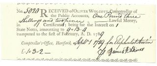 Revolutionary War Connecticut Payment To A Soldier In The Continental Army 1789
