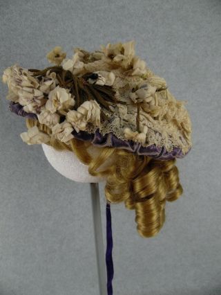 Antique purple lacy & flower Doll Hat for French or German Doll for TLC RESTORE 2