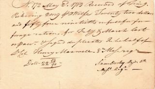 1783,  Major Samuel Darby,  8th Mass.  Regiment,  Signed Payorder,  Timothy Pickering