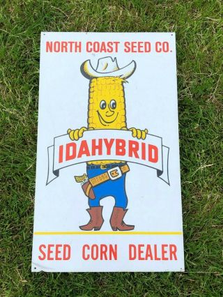 Vintage Idahybrid North Coast Seed Dealer Sign Corn Cob Guy Cartoon Advertising