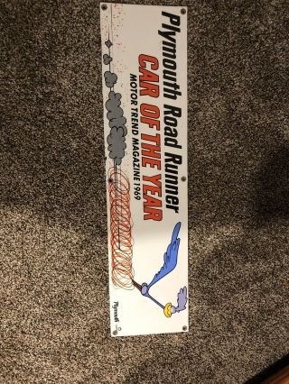 24”x6” Plymouth Road Runner Porcelain Sign.  Vintage Oil Gas Patina Beer