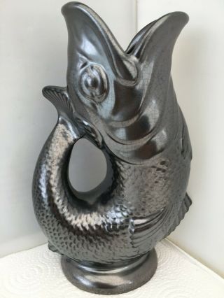 Vintage Dartmouth Pottery Devon Black Pewter Lustre Gurgle Fish Glug Jug Vase