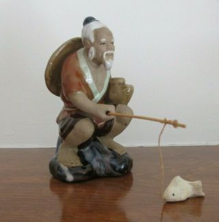 Chinese Mud Man Fisherman With Pole And Fish Figurine Vintage