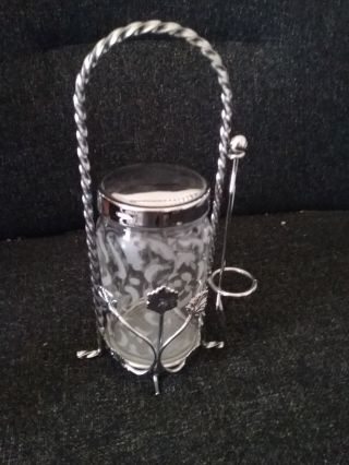 Vintage Pickle Etched Jar With Ornate Stand And Tongs