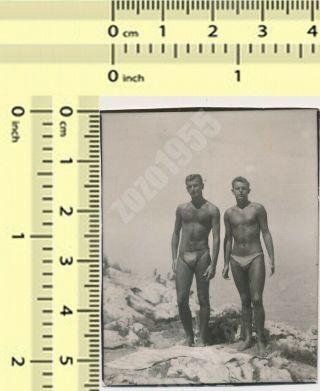 Two Muscular Beefcake Shirtless Men Guys Trunks Bulge Gay Int Males Old Photo