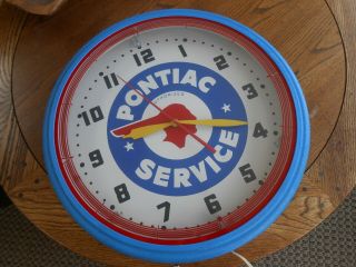 Vintage Pontiac Service Blue Neon Clock Indian 20 Inches Rare