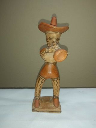 Vintage Mexican Pottery Guerrero Trumpet Player 8 " Hand Painted Sculpture