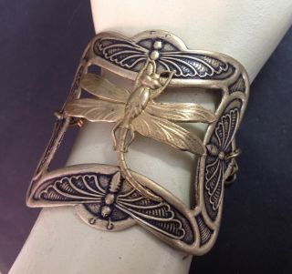 Vintage Bracelet Dragonfly Centerpiece Wide Brass Framed Art Nouveau Cuff