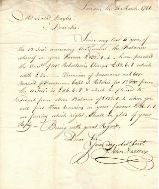 1781,  Hms Providence,  British Troop Transport,  Payment Supplies,  Letter