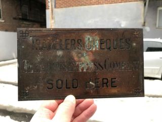 Vintage C.  1920 Brass " The Adams Express Company " Travellers Cheques Sign