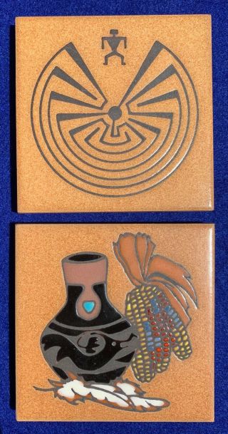 Set Of 2 Cleo Teissedre Hand Painted Tiles Coasters Southwest Wall Hanging Decor