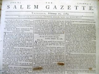 1783 Salem Ma Newspaper With 1st News Of Peace Treaty Ending Revolutionary War