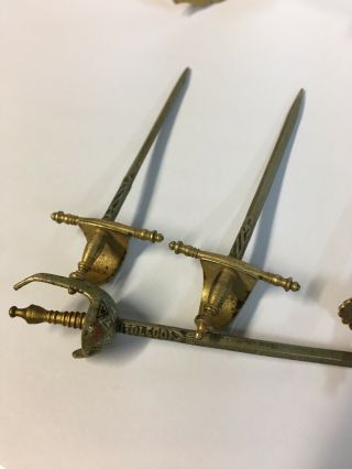 6 Miniature Vintage Toledo Spain Cocktail Tooth Picks Brass Metal Swords Holder 2