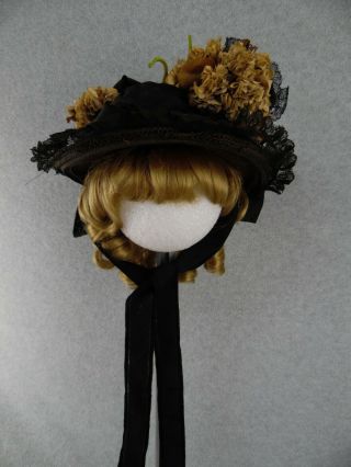 Antique Black W Flowers Straw Doll Hat For French Or German Doll For Tlc Restore