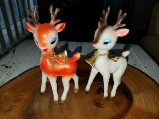 Two Vintage Soft Plastic Sleepy Eye Christmas Reindeer Japan With Bells