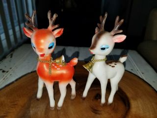 Two Vintage Soft Plastic Sleepy Eye Christmas Reindeer Japan with Bells 2