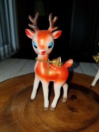 Two Vintage Soft Plastic Sleepy Eye Christmas Reindeer Japan with Bells 3