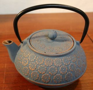 Cast Iron Metal Tea Pot W/ Tea Strainer Blue With Copper Accents Floral Desi