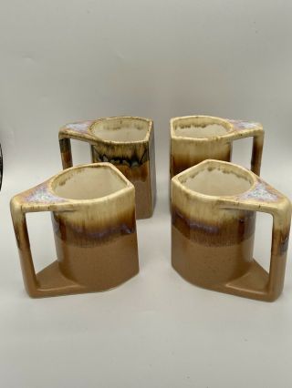 Set Of 4 Signed Padilla Coffee Mugs Drip Glaze Brown Handcrafted Stoneware