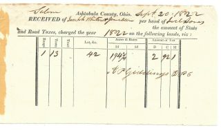 Revolutionary War Joseph Whiton Ohio Western Reserve Land Grant Tax Receipt 1822